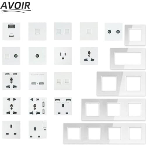 Avoir Electrical Sockets Usb Wall Socket Outlets DIY Plug Home Appliance White Luxury Crystal Tempered Glass UK TV RJ45 HDMI TEL