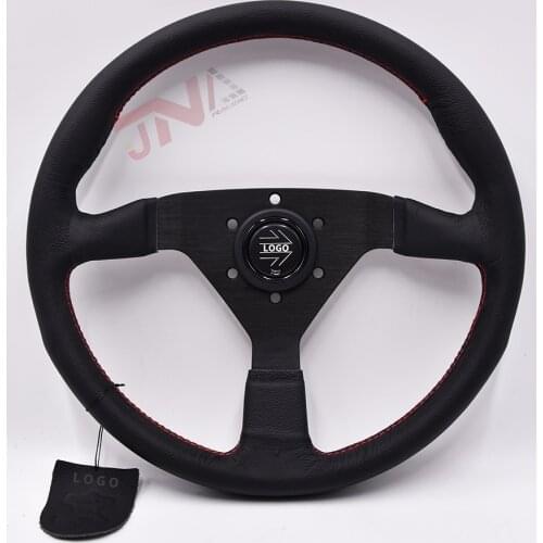 Genuine Leather Steering Wheel with Double Red Stiching 14inch Leather Racing Turning Wheel