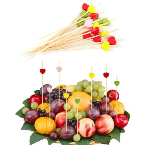 12cm 50PCS Disposable Bamboo Heart Skewers Fruit Dessert Cake Sign Cocktail Picks Cute Food Sticks Buffet Cupcake Party @2