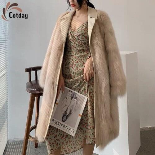 Cotday Fox Fur Single Breasted Women Winter Warm Furry Long Coat Elegant Single Breasted Vintage Hot Sale Double-faced Fur Coat