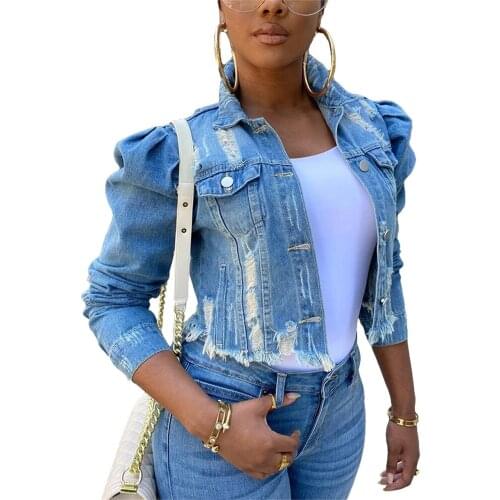 2021 New Fashion Autumn Womens Ripped Denim Jacket Ladies Slim Long Sleeve Button Down Short Coats Outwear Women Solid Jackets