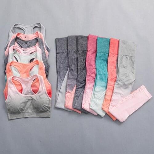 Women Seamless Yoga Sets Gym High Waist Ombre Leggings Bra Suits Sleeveless Fitness Training Sport Running Sportswear Bra Pants