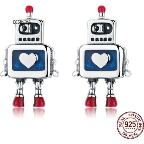 Hot Sale Genuine 925 Sterling Silver Childhood Robot Heart Stud Earrings for Women Fashion Sterling Silver Jewelry SCE477