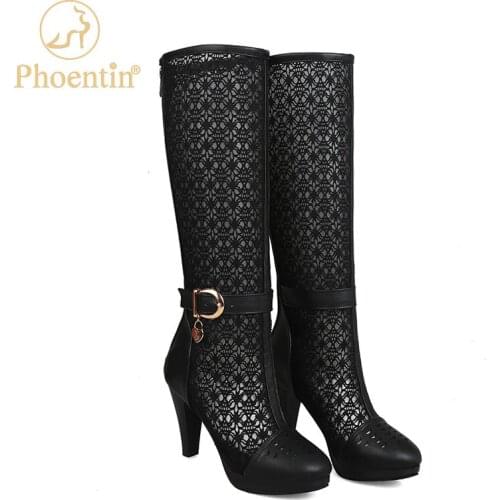 Phoentin white knee high summer boots woman 2020 new spike heels long boots mesh zipper closure PU leather patch work shoe FT917