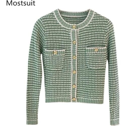 Vintage Korean Knitted Cardigan Sweater Women Full Sleeve O-neck Single-breasted Short Tops Elegant Ladies Jumpers Femme 2021