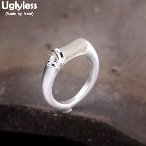 Uglyless Ethnic China Chic Silver Bamboo Leaf Rings for Women Natural Jade Bamboo Ring Real 925 Silver Bijoux Fine Jewelry R821