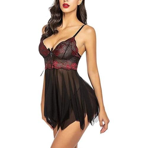 Sexy Sleepwear Night Dress For Women Lingerie Nightwear Large Size V Neck Flower Lace Lingerie G-String Underwear Set S-2XL