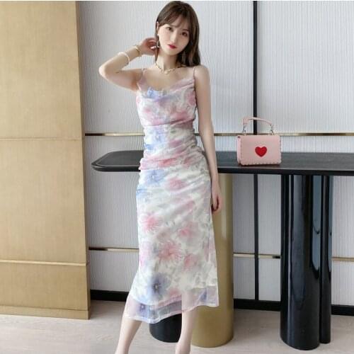 New arrival fashion summer long beach dress women OL fresh elegant sexy strap pleated print floral chiffon holiday party dress