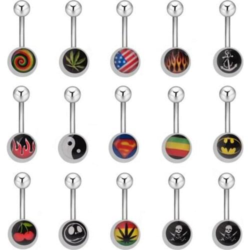 1Pc Surgical Stainless Steel Navel Bar Stud Belly Button Rings Skull Flame Cherry Flower Pattern Body Piercing Jewelry