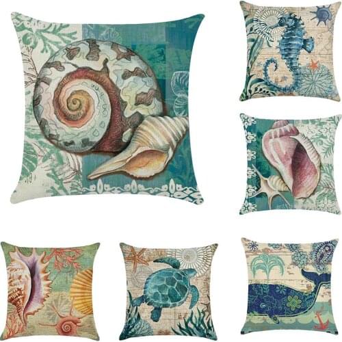 45x45cm Removeable Linen Pillowcase Vintage Sea/Shell/Whale/Turtle Throw Pillow Case Bed Sofa Cushion Cover Office Home Decor