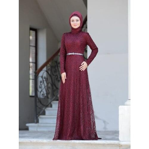 5570 Muslim Women Dresses Evening Dress Glitter Evening Dress Hijab Long Sleeve Muslim Women Prom Party Ceremony Dress