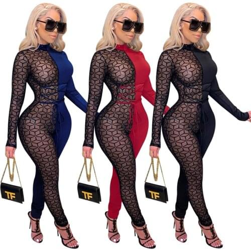 Adogirl Sheer Mesh Patchwork Jumpsuit Lace Up Women Turtleneck Long Sleeve One Piece Overall Club Party Romper Plus size S-XXL