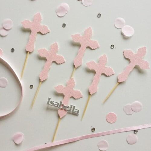 Custom GLITTER cross cupcake toppers Christening Baptism Ceremony baby shower birthday decorations food picks party supplies