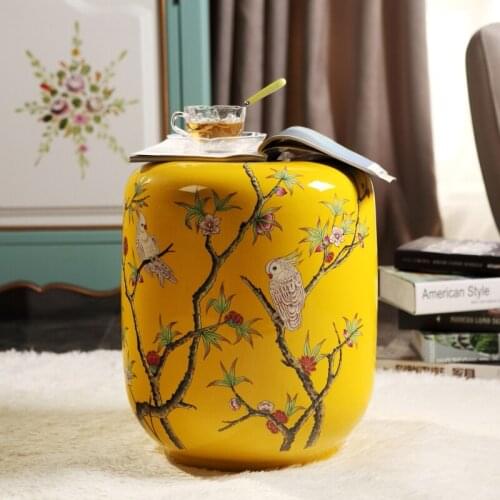 Jingdezhen Home Porcelain ceramic Stool bathroom flower and bird parrot pattern yellow ceramic stool