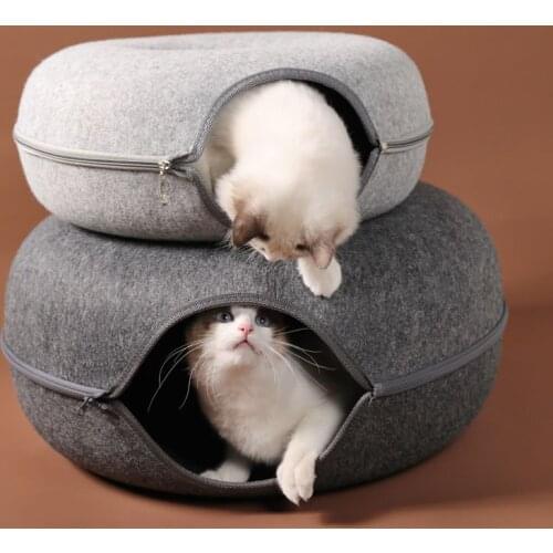 Pet Cat Tunnel Bed Cats Bed Teepee Shape Round Foldable Wool Felt Beds Play Sleep Together Cat Accessories Foldable Cat House