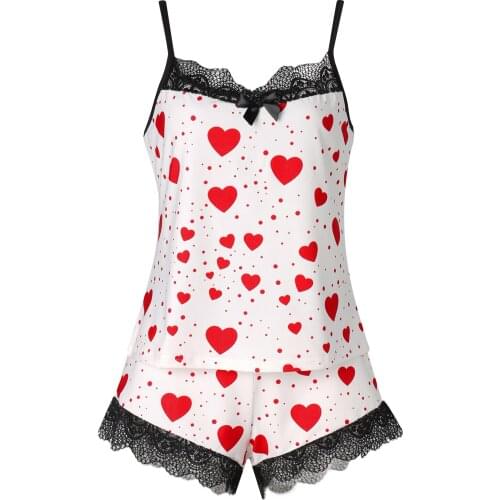 Hot Sale Fashion Women Sexy Printed Lace Pajamas Homewear, Spaghetti Straps Camisoles Tank Tops and Shorts Sleepwear Wholesale