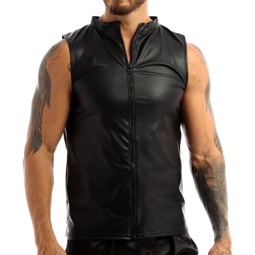 Mens Fashion Leather Tank Top Round Neck Sleeveless Front Zippered Undershirt Tank Top Vest Clubwear Male Stage Performance