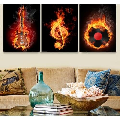 Music 3 Piece Canvas Wall Painting Abstract Home Decor Black Burning Guitar Pop Art Canvas Pictures for Living Room HY98