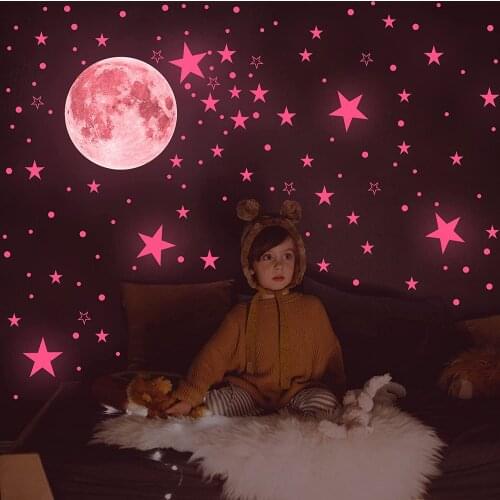 Glow In The Dark Star Pink Glow Stickers Luminous Stars and Moon Adhesive Wall Decals for Kids Girls Room Bedroom Ceiling Decor