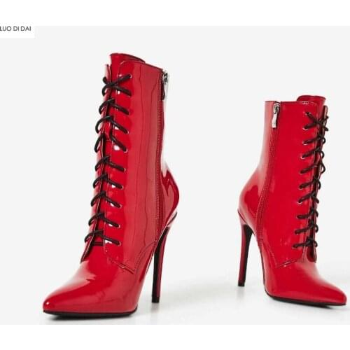2020 new women red boots zip up women ankle booties thin heel patent leather boots ladies point toe black boots lace up botas