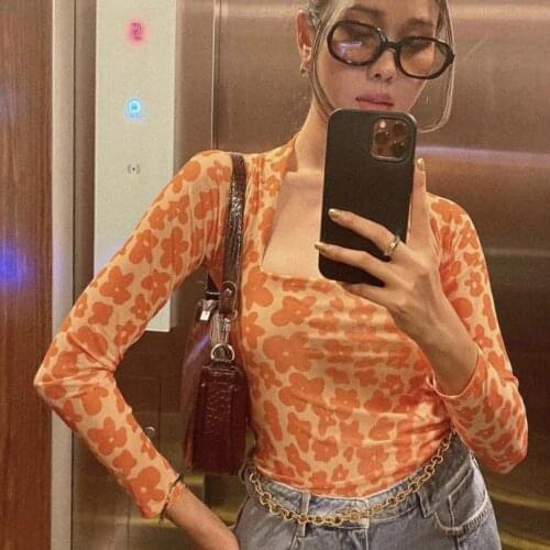 New Fashion Women’s Autumn T-Shirts Square Neck Floral Printing Slim Fit T-Shirts Long Sleeve Crop Top Flower Tee Top T-Shirt