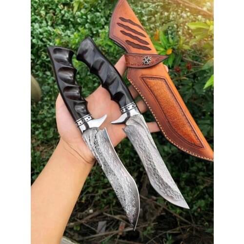 Handmade Damascus Steel Hunting Knife White Steel Head + G10 Material + Ebony Handle with Camping EDC Tool