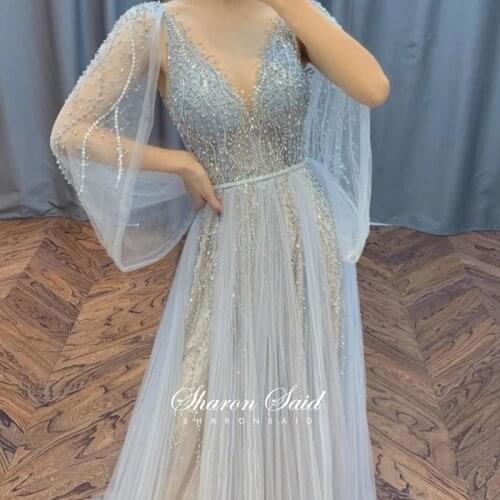 Luxury Silver Grey Dubai Evening Dress for Women Wedding Party Dresses Cape Sleeves Elegant Arabic Long Tulle Formal Prom Gowns