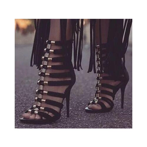 Hot Selling Black High Heels Gladiator Sandals Women Open Toe Ankle Wrap Ladies Sandals Metal Hollow Out Summer Booties Shoes