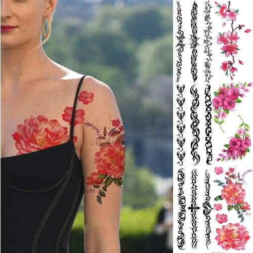 Sexy Realistic Dahlia Flower Temporary Tattoos For Women Lady Plum Thorns Lily Tulip Totem Fake Tattoo Armband Tattoo Sticker