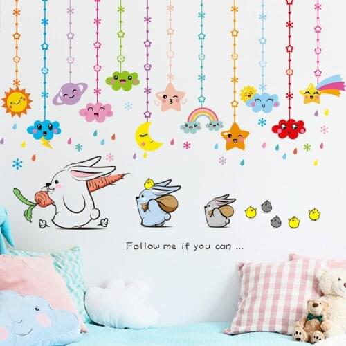 [shijuekongjian] Cartoon Rabbits Animals Wall Sticker DIY Clouds Hangings Wall Decals for Kids Bedroom Baby Room Home Decoration