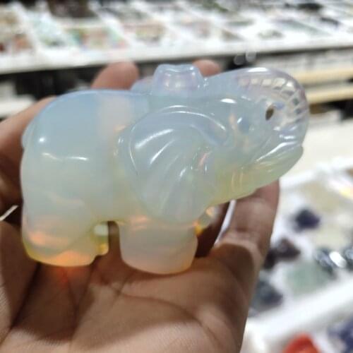 Opal Elephant Ornament Hand Carved Gemstone Lucky Elephant Statue for Home Office Desk Decoration
