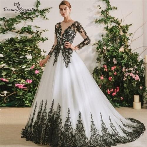 Long Sleeve Wedding Dresses 2021 with Black Lace Appliques O-Neck Button Back Ball Gown Princess Bride Dress Vestido De Noiva