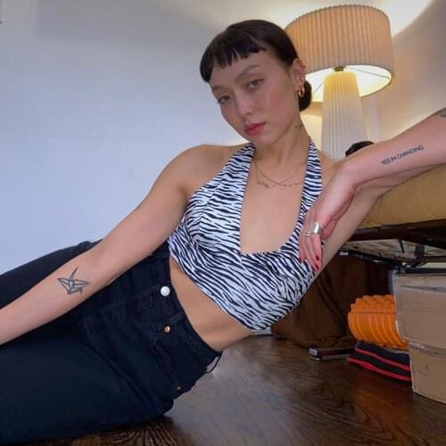 Harajuku zebra print sleeveless backless fashion tank top women summer leisure halter top female sexy club party croptop