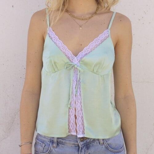 Y2K Aesthetic Sleeveless V-neck Cropped 2021 Sexy White Lace Satin Cami Hem Slit Spaghetti Strap Top E-girl Summer Streetwear