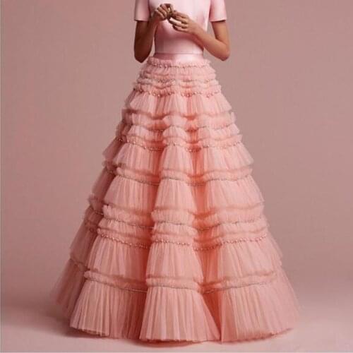 Beads Tulle Skirt Pink jupe femme юбка New Design Long Tulle Skirts For Party Female Wear Maxi Skirt Tiered Tulle