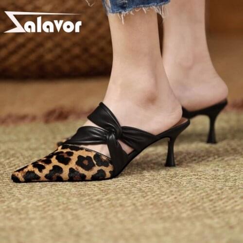 ZALAVOR Real Leather Sandals For Women Pointed Toe Thin Heels Slip On Leopard Outdoor Mules Summer Ladies Footwear Size 34-39