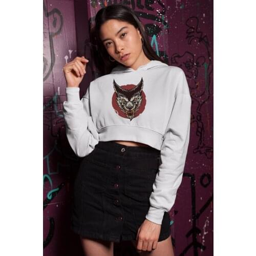 Angemiel Wear Aggressive Wolf Women White Short Hooded Sweatshirt