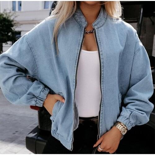 Women Stand Collar Long Sleeves Vintage Solid Denim Jackets Zipper Loose Outwear 2021 Female Fashion Casual Washed Jean Coats