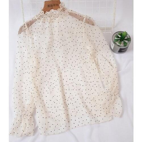 Women Flare Sleeve Basic Polka Dot Loose Size Lace Shirt Casual Elastic Slim Pullover Beach Chiffon Mesh Gauze Tulle Blouse Tops