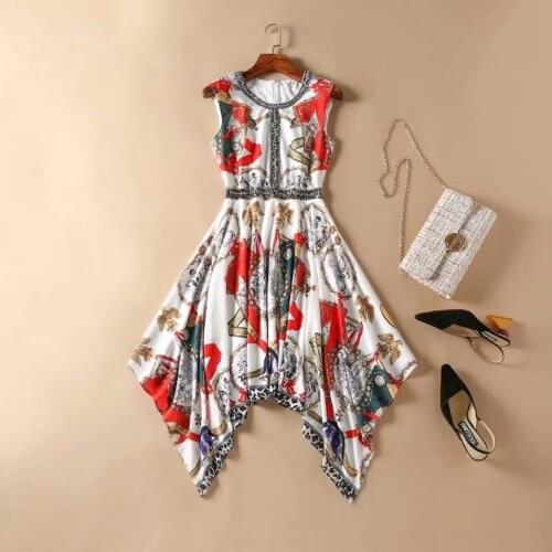 Womens American European and clothing 2021 summer new style Sleeveless vintage print Fashion nail bead Dress irregularity
