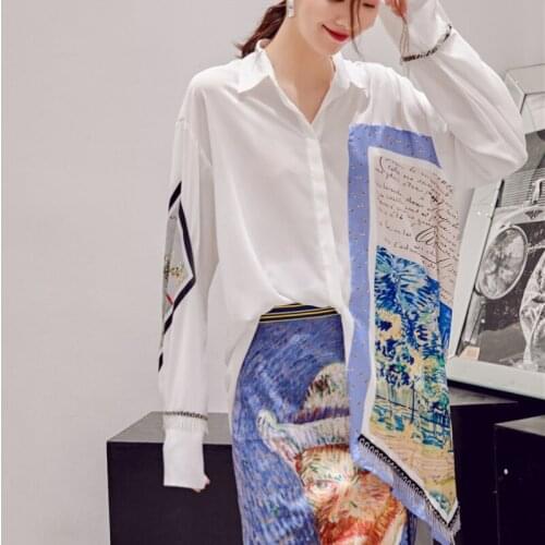 ZCSMLL 2021 New Spring Autumn Lapel Long Sleeve White Irregular Pattern Printed Big Size Shirt Women Blouse Fashion Tide J123