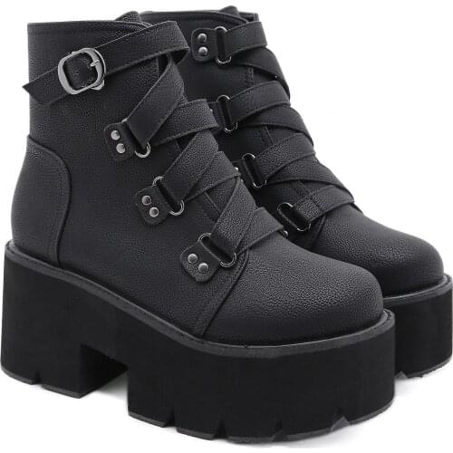 New High Quality Ankle Boots Women Platform Boots Rubber Sole Buckle Black Leather PU High Heels Shoes Woman Comfortable 35-43
