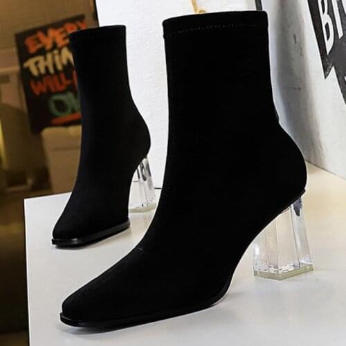 2021 Fashion Women High Heels Ankle Boots Women Crystal Square Heel Female Short Boots Sexy Women Pointed Toe Party Lady Shoes