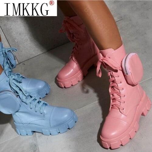 2021 Autumn Winter Platform Booties Pocket Buckle Strap Pink Chunky Sole Pouch Woman Boots Shiny Leather Patchwork Arrival Boots