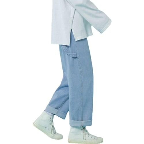 Jeans Womens Loose Straight Wide Legs 2021 New Spring- Autumn Long Pants Crimping Large Size Pure Cotton soft breathable sweat