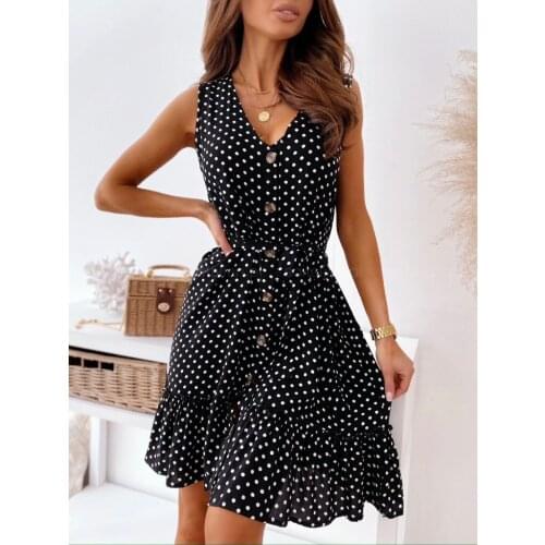 Women V-neck Dress, Wavy Points Printed Pattern Sleeveless Skirt with Waistband For Lady, Black/ White