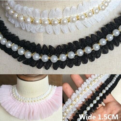 1.5CM Wide White Black Glitter 3d Beads Neckline Collar Pleated Lace Edging Trim Ribbon Wedding Dress Headwear DIY Sewing Decor