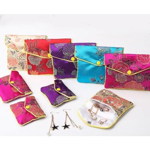1pc Chinese Brocade Handmade Silk Embroidery Padded Zipper Small Jewelry Gift Storage Pouch Bag Snap Case Satin Coin Purse