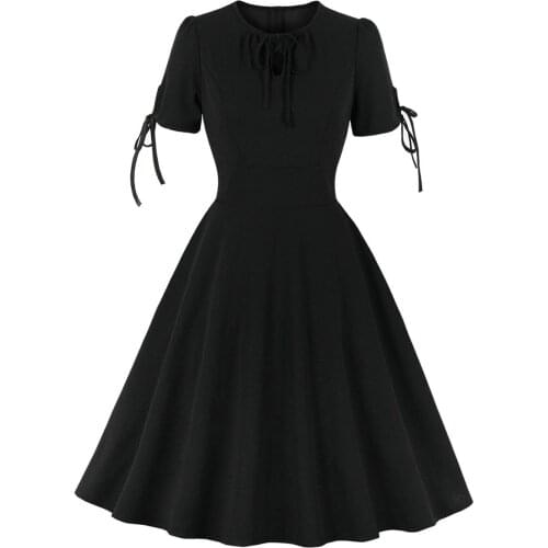 2021 Solid Color Black Women Party Swing Midi Tunic Dress V Neck Cotton Retro Vintage 40s 50s 60s 70s Casual Rockabilly Sundress