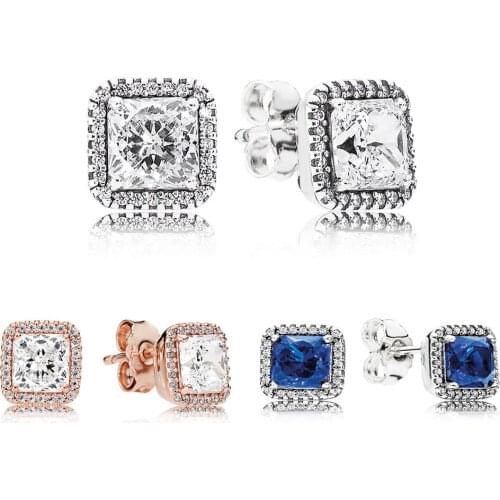 European Brands Classic 925 Sterling Silver Geometric Crystal Timeless Elegance Stud Earrings For Women Fashion Party Jewelry